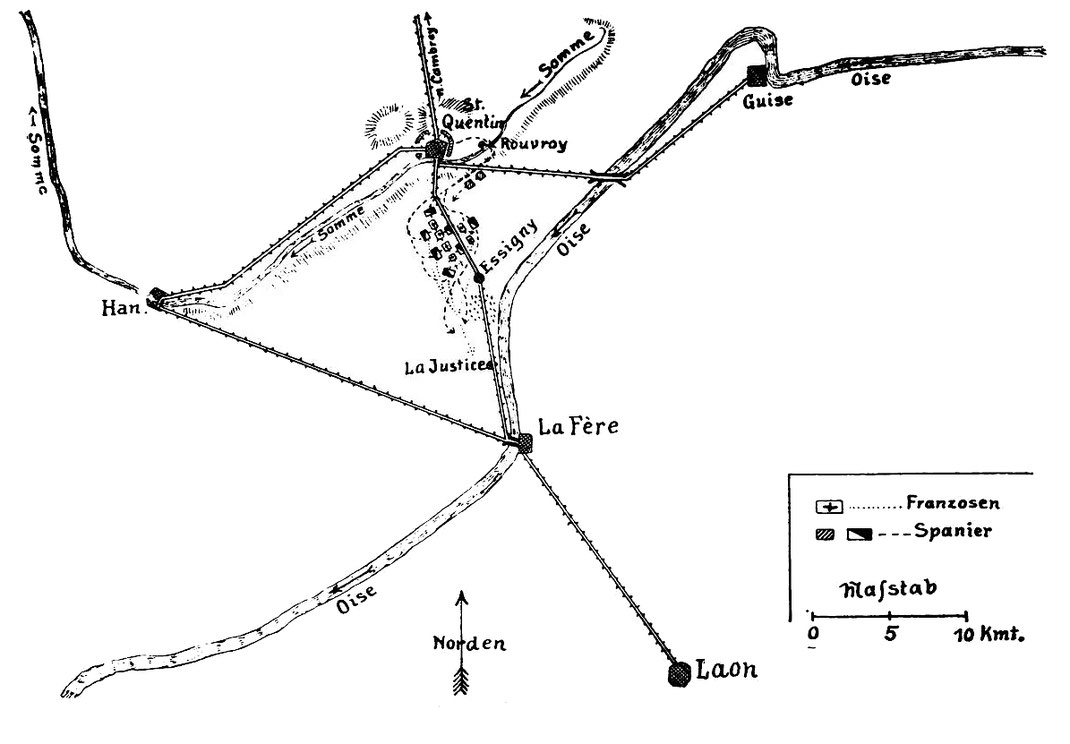 Übersichtsskizze der Schlacht bei St. Quentin am 10. August 1557.