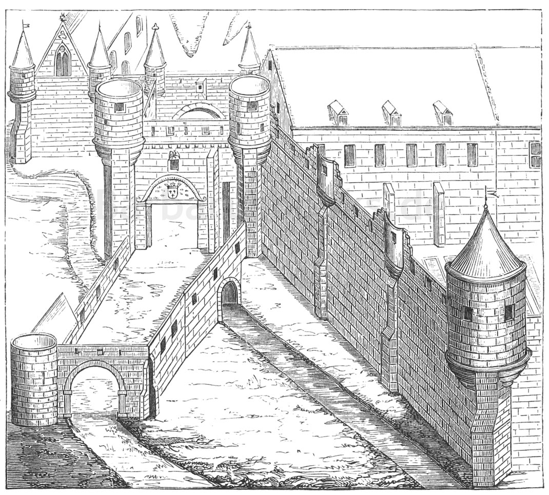 Abb. 251. – Saint-Jean des Vignes, eine Abtei der Kanoniker in Soissons (1076), das Eingangstor wird von einer Barbakane und Bastillen bewacht. – Aus einem Kupferstich in Band 1 von „Architecture Monastique“ von M. Albert Lenoir.