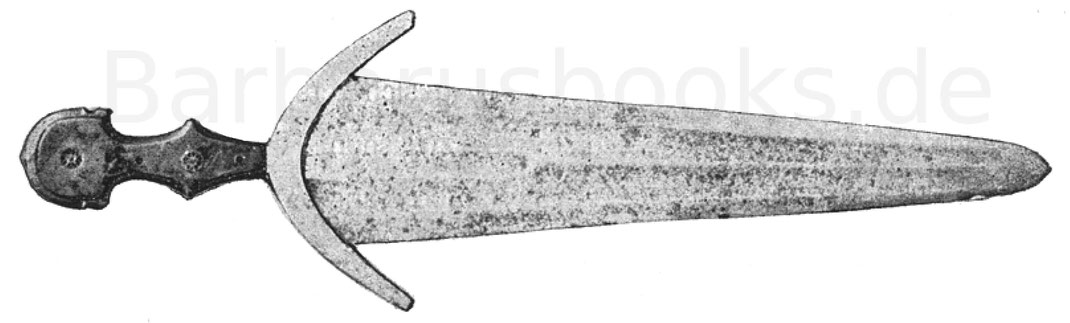 Gotische italienische Ochsenzunge („Breitschwert“ Cinque Dea, langue de bœuf) mit hornbelegtem und mit gotischen Metallrosetten eingelegtem Griff. Um 1500. 60 cm lang, die Klinge am Griff 9 ½ cm breit.