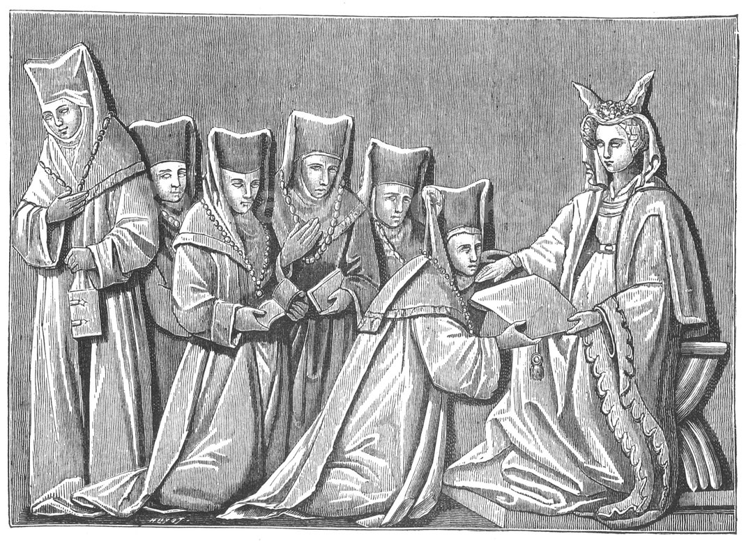 Abb. 259. – Maria de Molina, Königin von Kastilien (1284–1321), überreicht den Zisterzienserinnen die Gründungsurkunde für ihr Kloster. – Flachrelief von ihrem Grab in Valladolid. – Aus einem Kupferstich in der „Iconografia Española“ von M. Carderera.