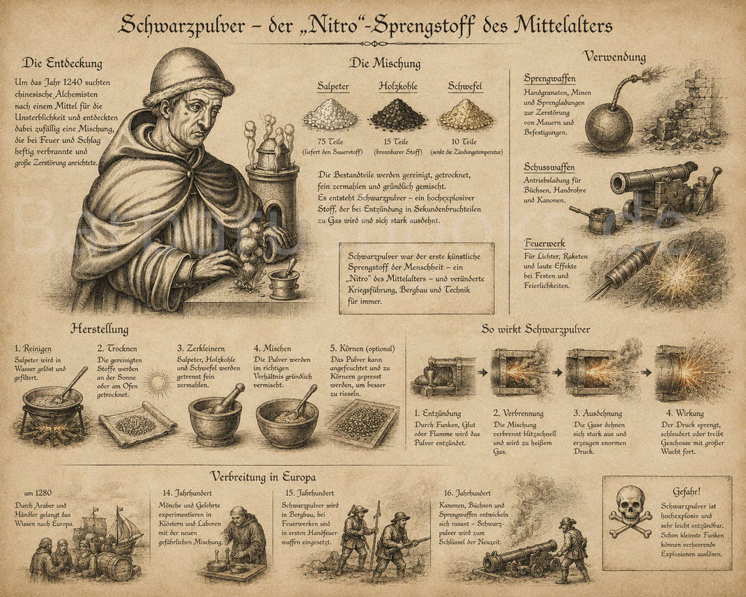 Schaubild über die Entwicklung von Sprengstoffen im Mittelalter - Geschichte des Sprengstoffes.