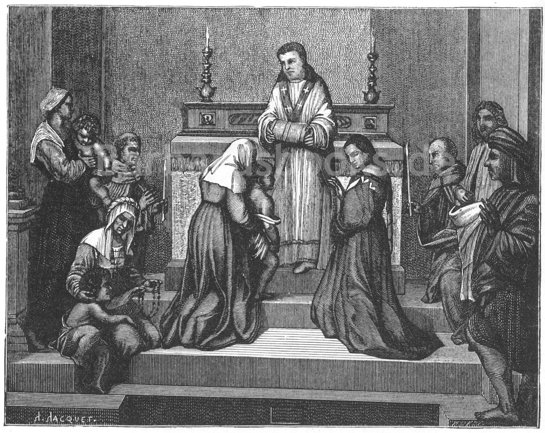 Abb. 294. – Berühren der Reliquien des Heiligen Philipp. – Freskogemälde von Andrea del Sarto im Kreuzgang der Kirche Annunziata in Florenz.