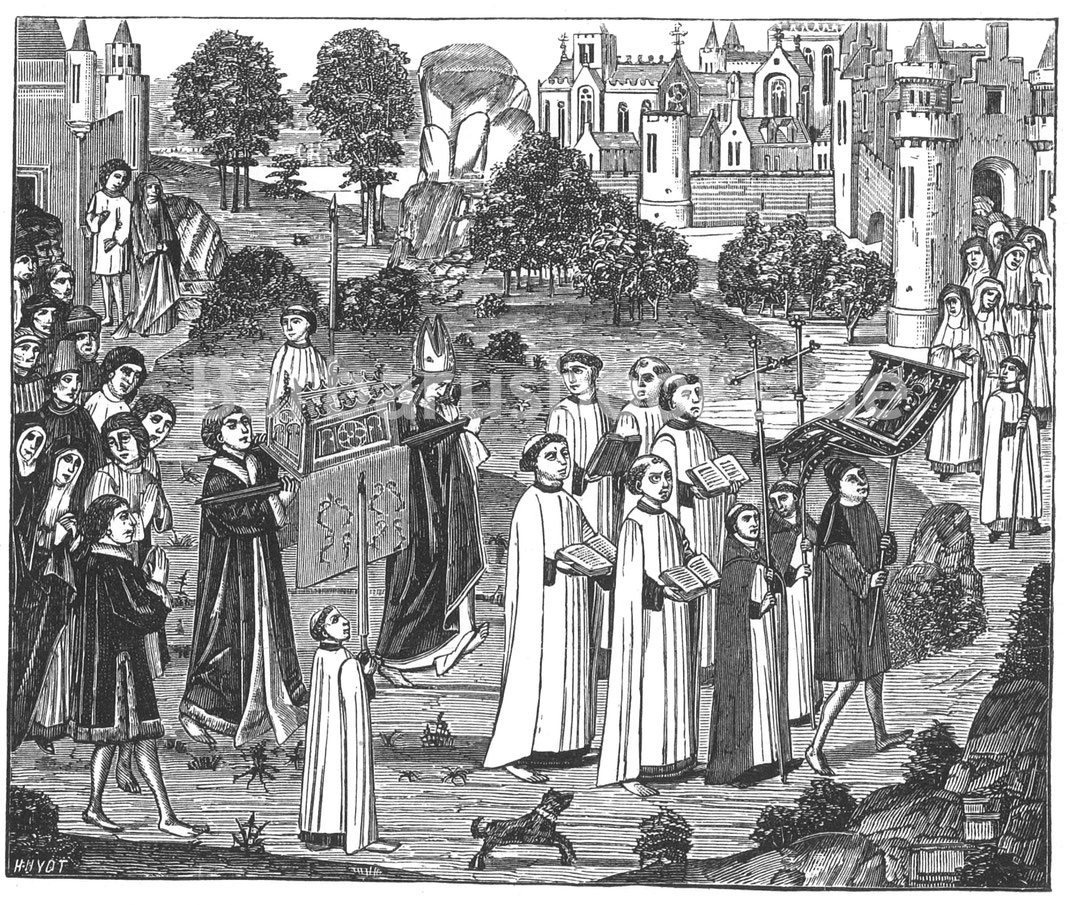 Abb. 281. – „Graf Renier trägt den Leichnam der heiligen Veronika zur Kirche St. Waudru in Mons.“ – Nach einer Miniatur in den „Chroniques de Hainaut“ (Manuskript des 15. Jahrhunderts), Burgundische Bibliothek, Brüssel.