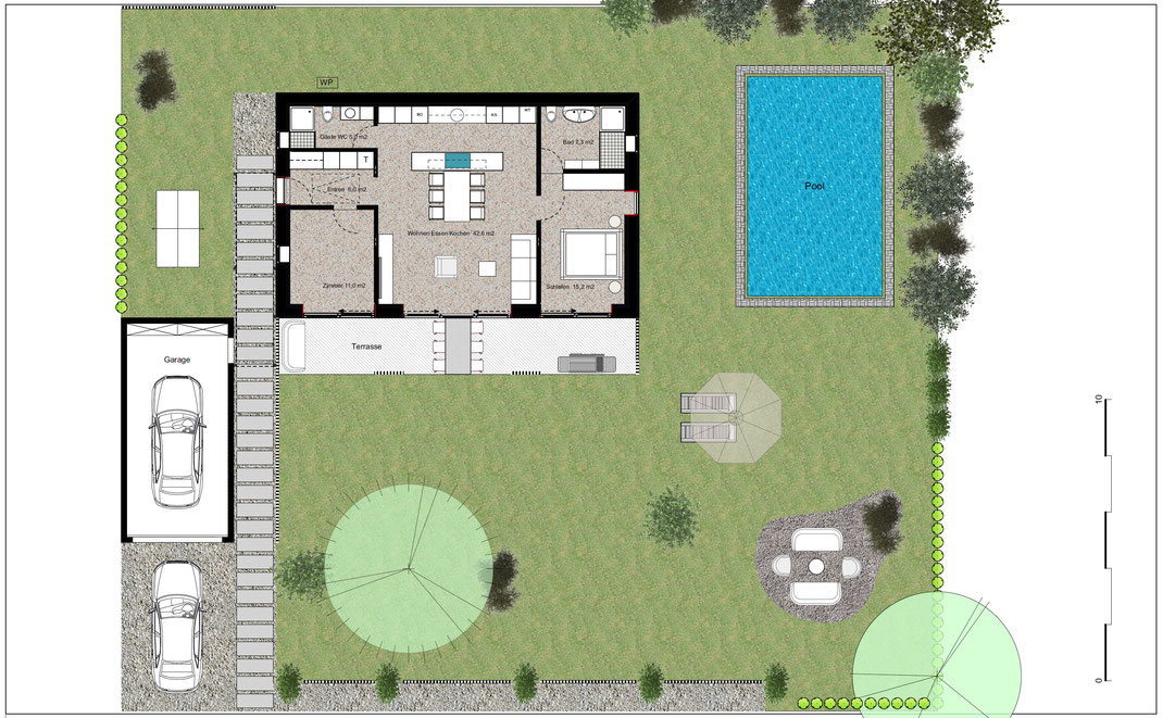 Grundriss Enzelparzell mit Garage, Haus mit grosszügiger Terrasse, Pool, grosser Garten. Planung Casaplaner Architekten