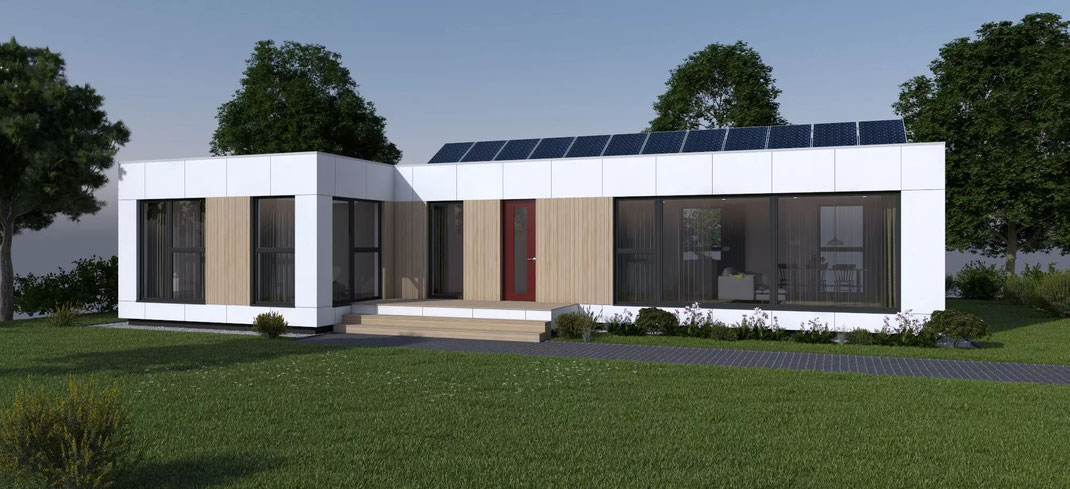 Einfamilienhaus Beispiel Modulhaus EVO XL mit 140 m2 Wohnfkäche zusammengesetzt aus 4 Modulen