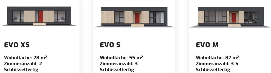 Preisliste EVO Modelle D. Modell XS mit 28m2, Modell S mit 55 m2, Modell M mit 82 m2