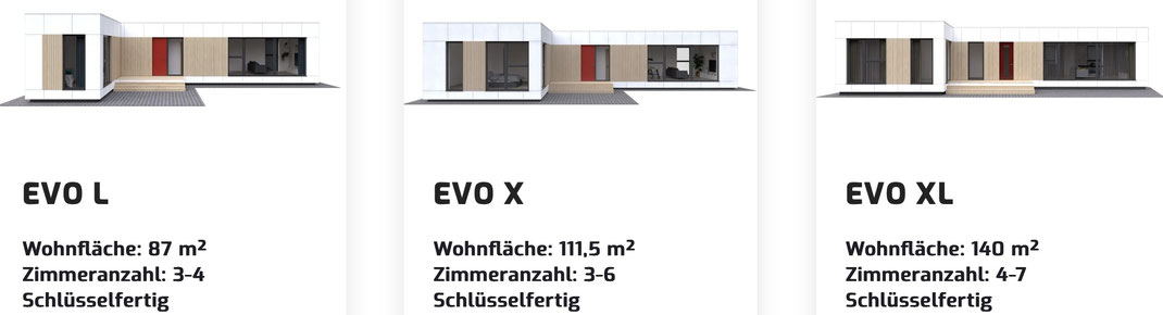 Preisliste EVO Modelle D. Modell L mit 87m2, Modell X mit 112 m2, Modell XL mit 140 m2