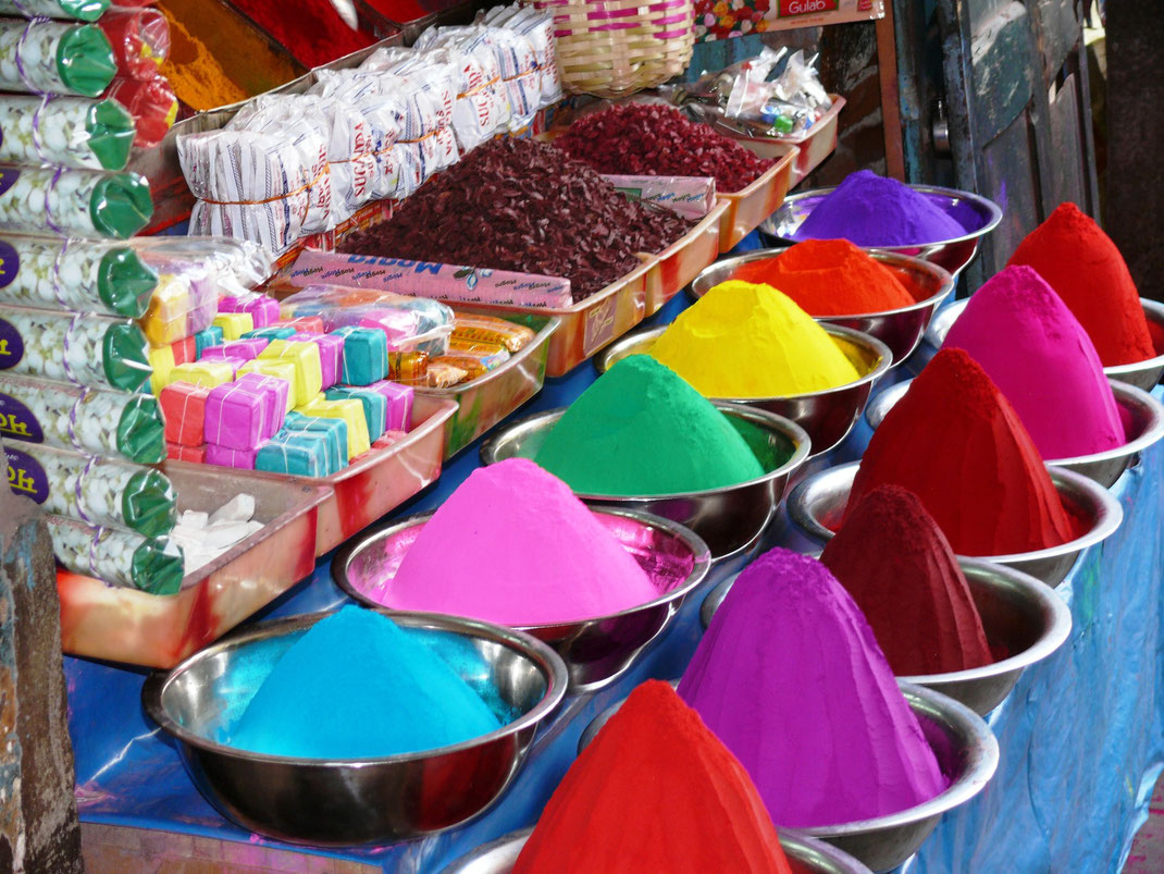 Bunt ist nicht nur die Stadt, sondern sind auch die Gewänder der Inderinnen, die Früchte des Marktes und die Farben des Holifestes (Foto Jörg Schwarz)