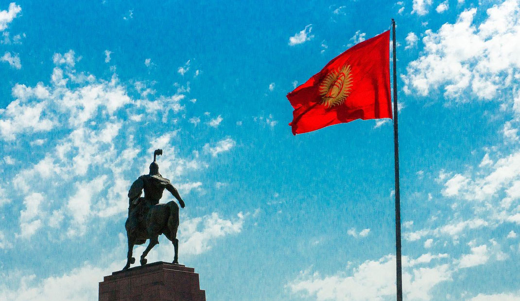 Bishkek, Kyrgyzstan. Ala Too square, statue of Manas