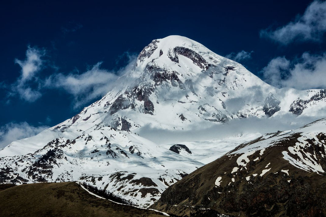 Mount Kazbek is the third highest mountain in Georgia (after Mount Shkhara and Janga) and the seventh highest peak in the Caucasus Mountains. Kazbek is also the second highest volcanic summit in the Caucasus, after Mount Elbrus