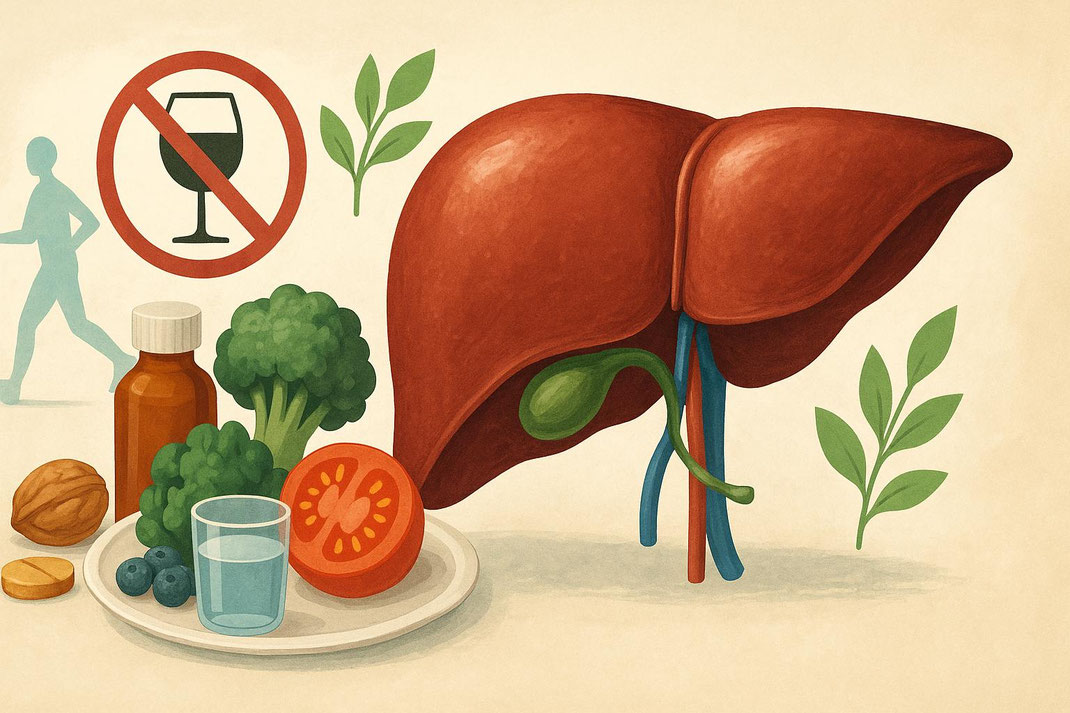 Illustration einer gesunden Leber mit Symbolen für Ernährung, Bewegung und Alkoholverzicht.