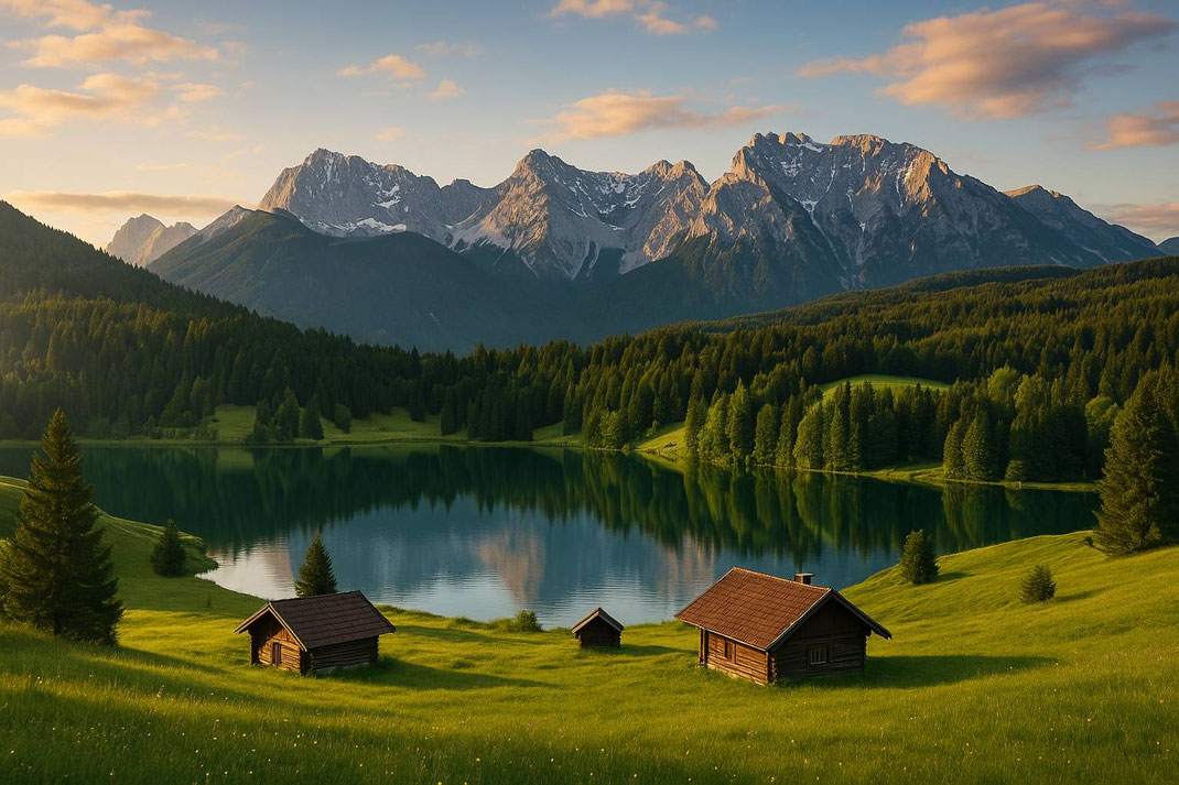 Sonnenbeleuchtete Holzhütten am Seeufer mit Blick auf die schneebedeckten Gipfel der Bayerischen Alpen im Abendlicht.