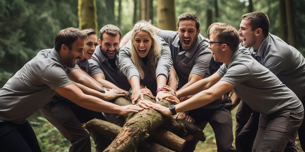 Team von Menschen legt motiviert die Hände aufeinander beim Outdoor-Teambuilding im Wald.