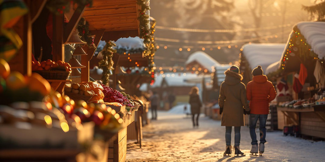 Paar spaziert Hand in Hand über einen verschneiten Weihnachtsmarkt bei goldenem Sonnenuntergang.