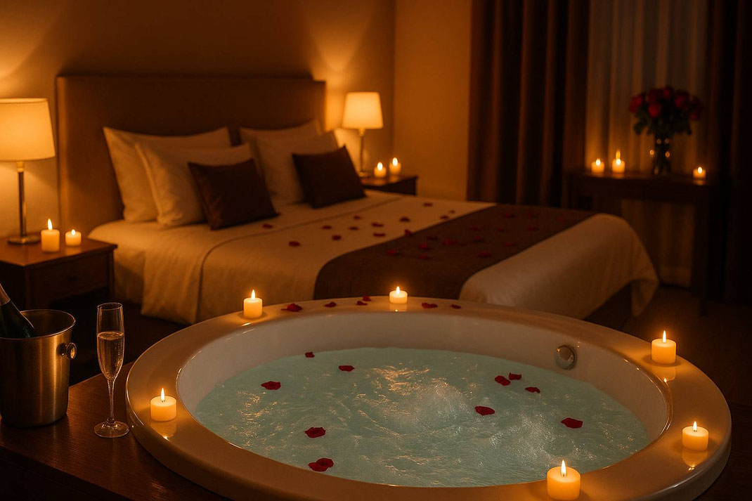 Romantisch dekoriertes Hotelzimmer mit Whirlpool, Kerzenlicht und Rosenblättern auf dem Bett.