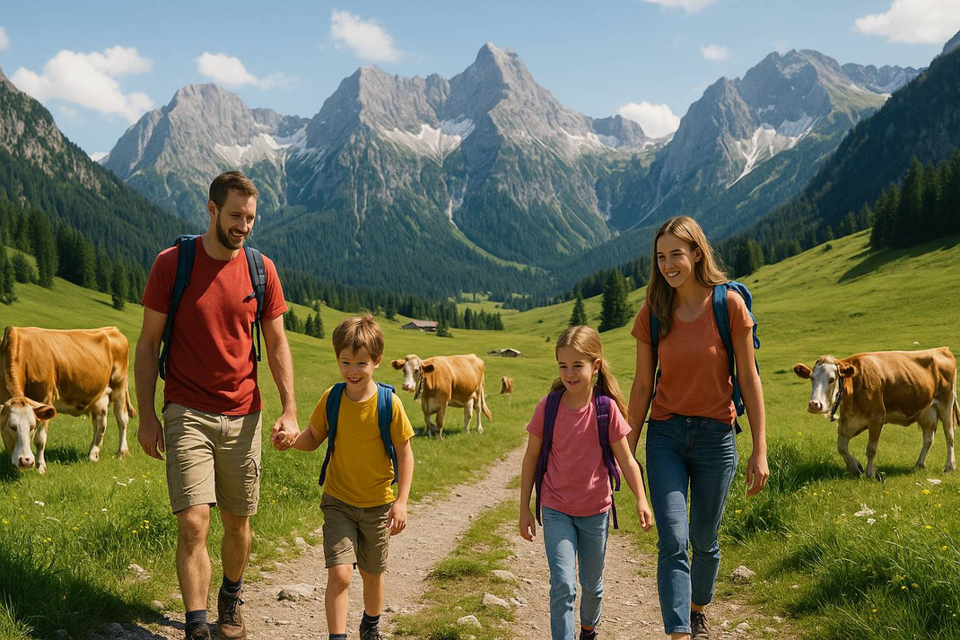 Familie mit Kindern wandert zwischen grasenden Kühen durch eine Berglandschaft – Symbol für Natur und Familienurlaub.