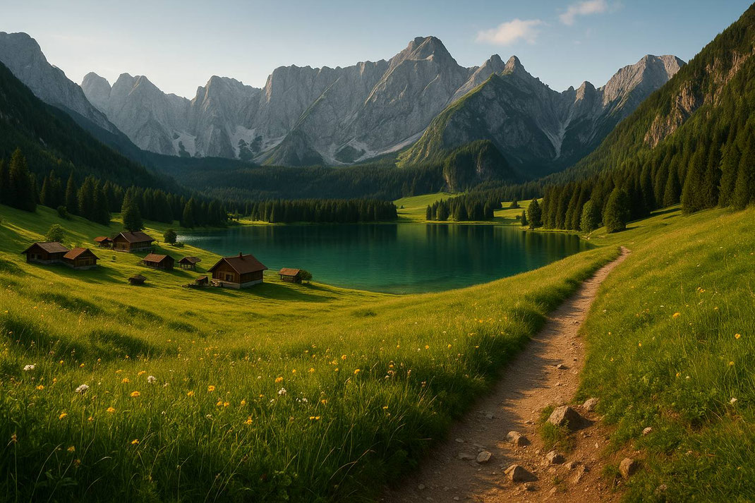 Sommerliche Berglandschaft mit Wanderweg entlang eines klaren Sees und Holzhütten vor steilen Felsgipfeln.
