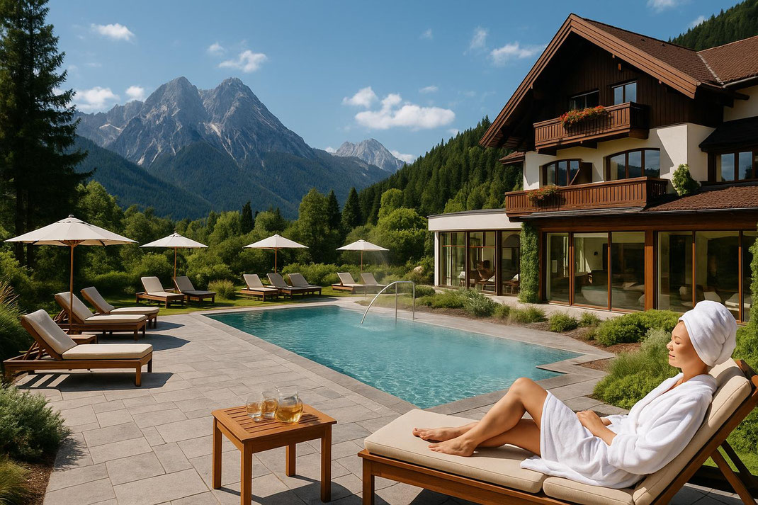 Frau entspannt auf einer Liege am Außenpool eines Wellnesshotels mit beeindruckendem Bergpanorama.