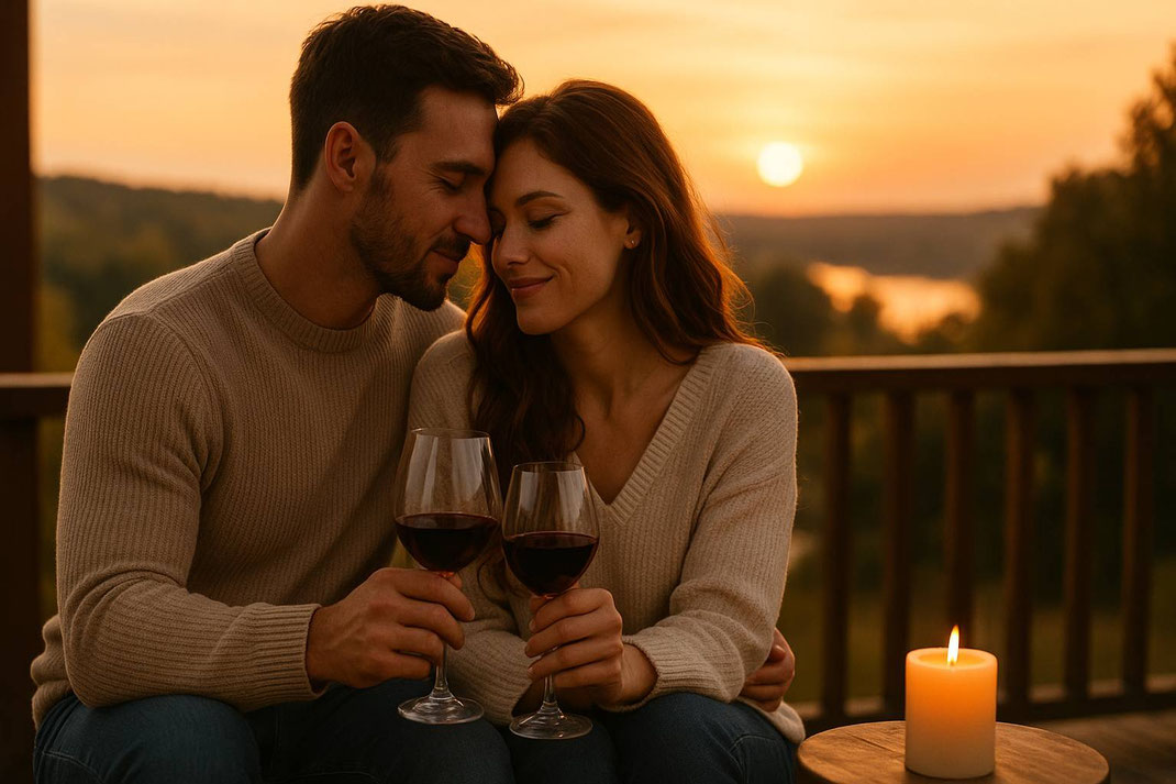 Paar genießt bei Sonnenuntergang ein Glas Rotwein auf der Terrasse mit Kerzenlicht.
