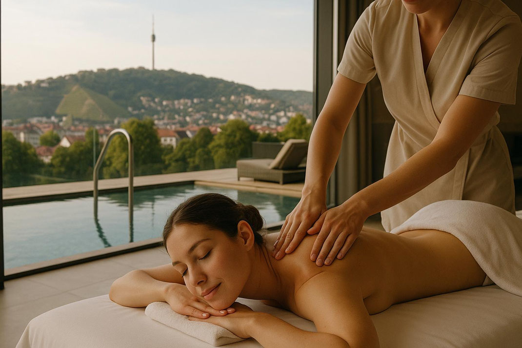 Eine Frau erhält eine entspannende Massage mit Blick auf die Natur und den Pool.