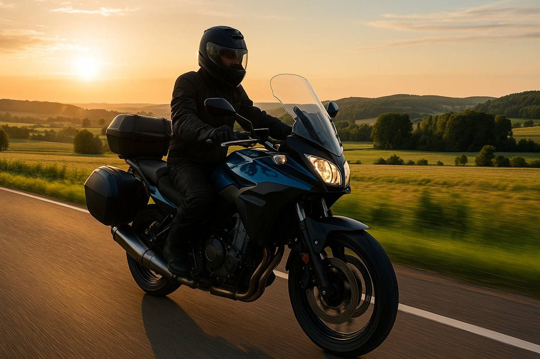 Motorradfahrer in schwarzer Schutzkleidung fährt auf einer Landstraße bei Sonnenuntergang durch eine grüne Hügellandschaft.