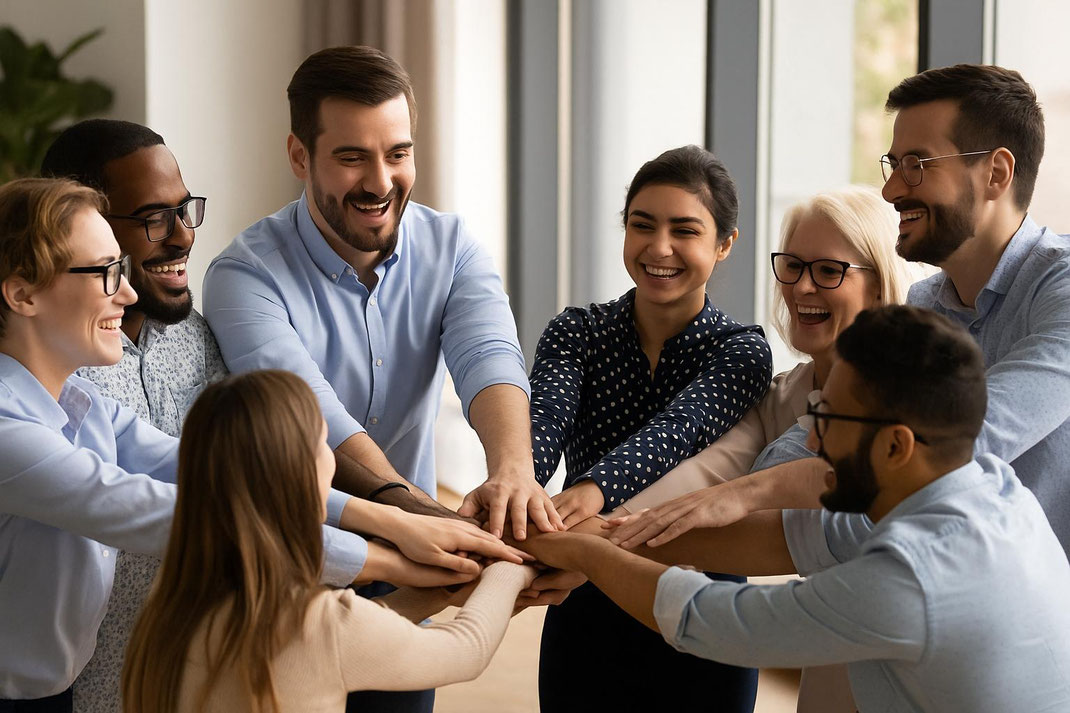 Diverse group celebrating teamwork with hands piled together, highlighting joy and connection.