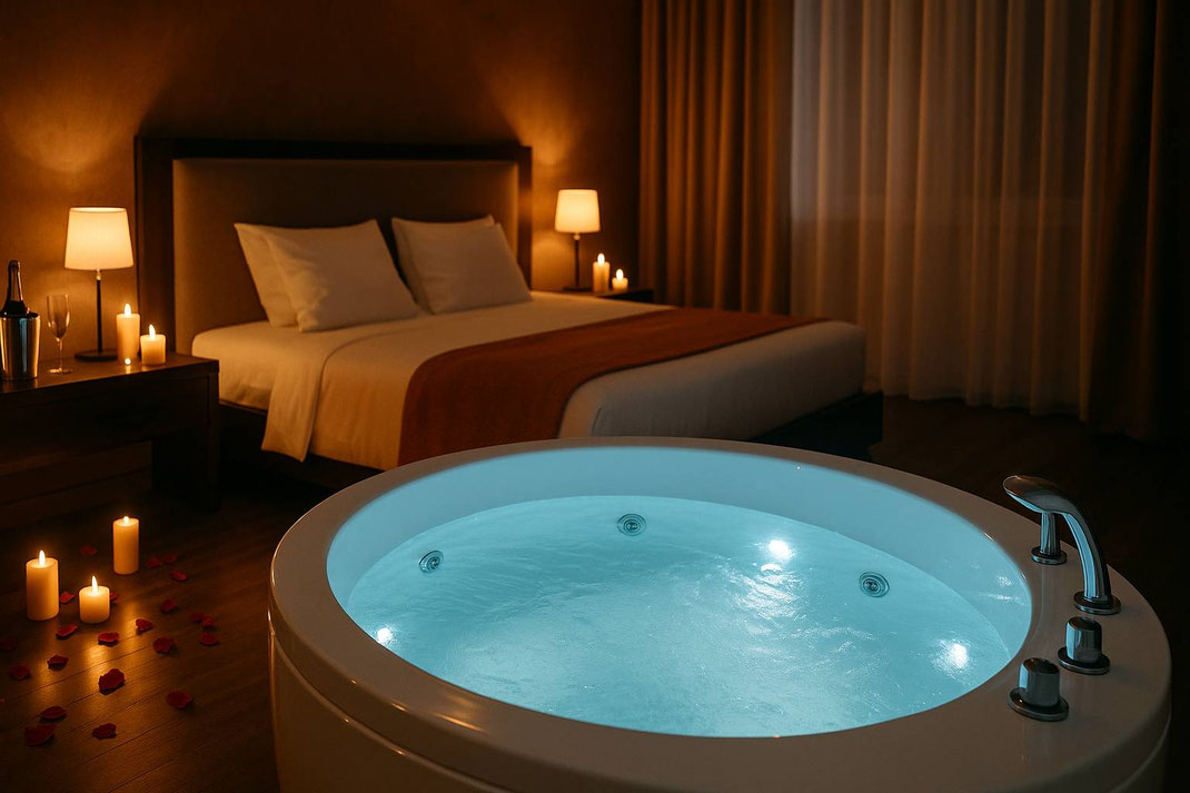 Gemütliches Schlafzimmer mit beleuchtetem Whirlpool, warmem Kerzenlicht und Rosenblättern auf dem Boden.