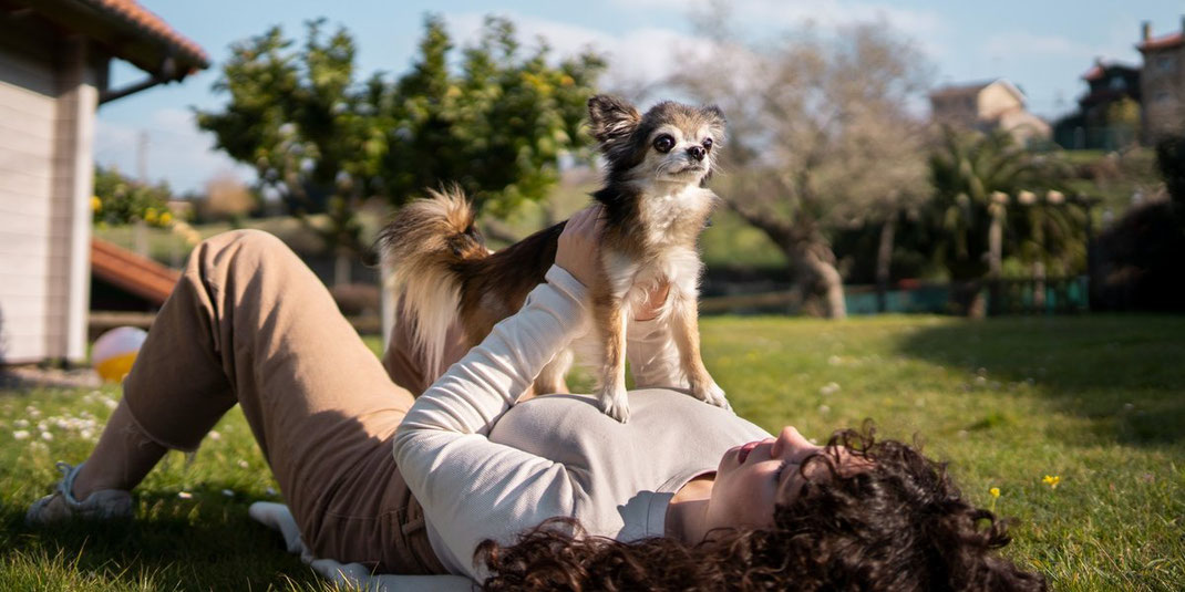 Frau liegt auf dem Rasen und hebt ihren Chihuahua liebevoll hoch, im Hintergrund ein Haus und Bäume