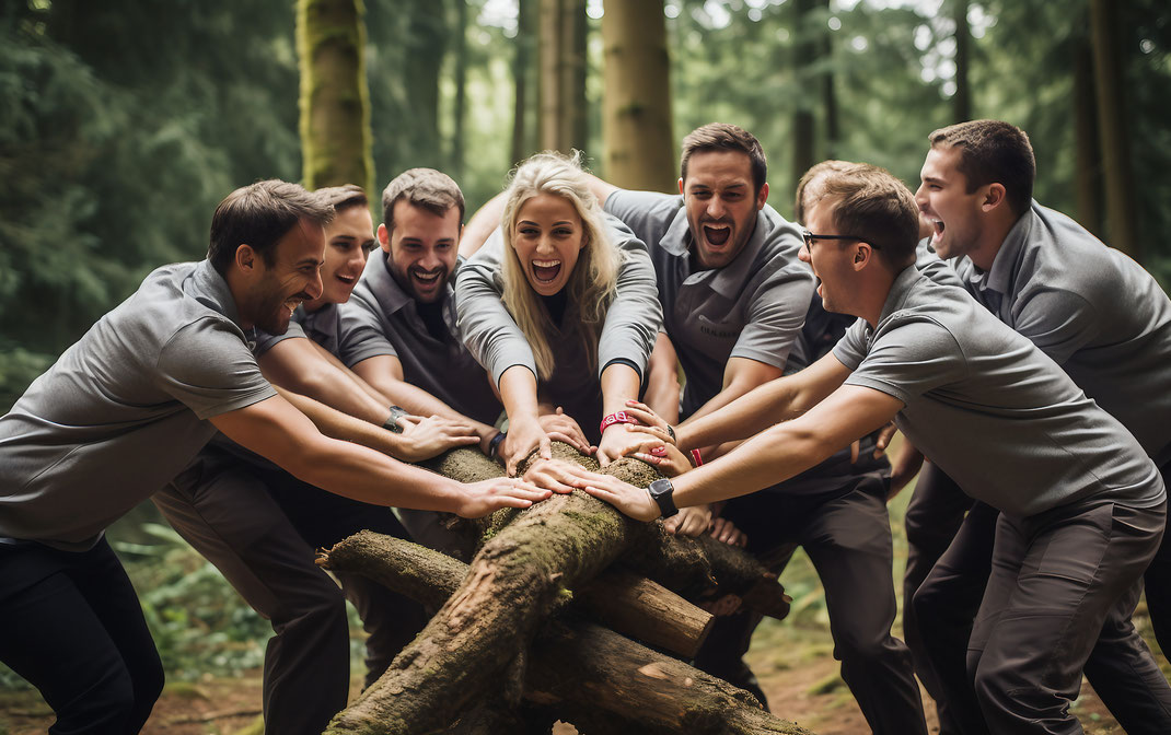 Motiviertes Team in einheitlicher Kleidung legt gemeinsam die Hände auf einen Holzstamm im Wald – Symbol für Zusammenhalt, Teamgeist und Teambuilding.