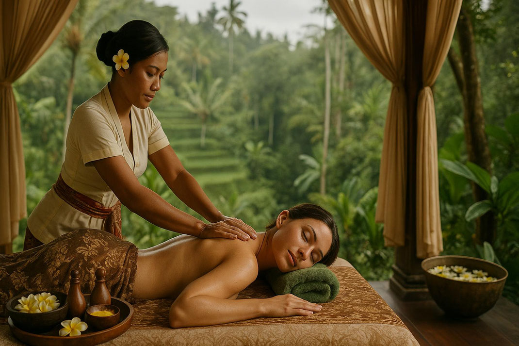 Frau erhält eine entspannende Massage in einer offenen Spa-Lounge mit Blick auf tropische Natur.