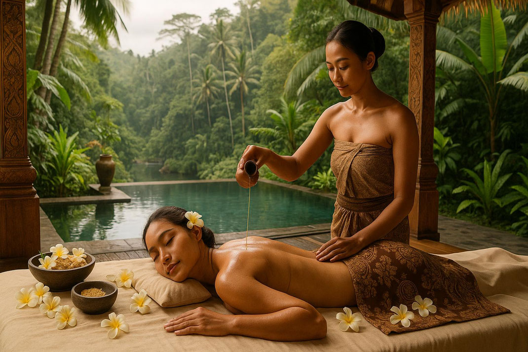 Wellness-Massage am Pool in tropischer Umgebung, bei der warmes Öl über den Rücken gegossen wird.