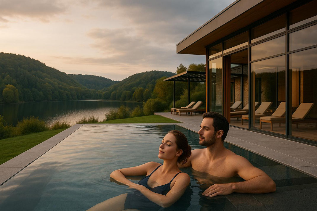 Pärchen genießt stille Momente im Infinity-Pool bei Sonnenuntergang.