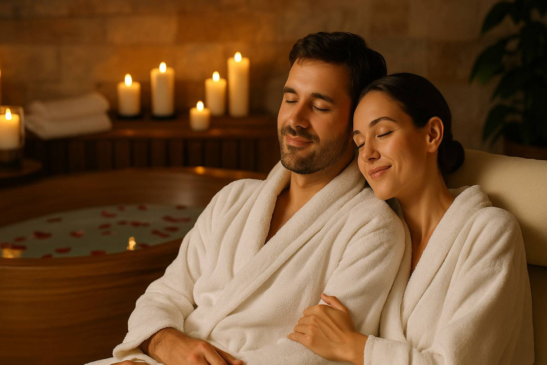 Paar in weißen Bademänteln entspannt gemeinsam im Spa bei Kerzenschein und wohliger Atmosphäre.