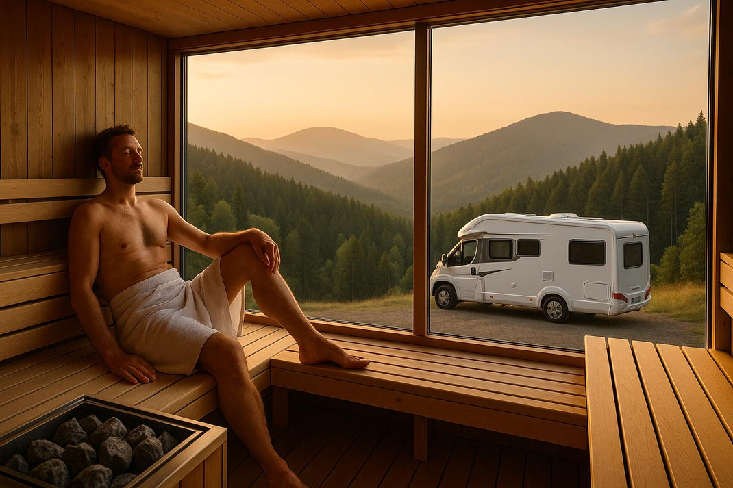 Ein Mann sitzt entspannt in einer Saune. Im Hintergrund sieht man durch ein großes Fenster sein Wohnmobil und einen Wald getaucht in die SOnnenstrahlen eines SOnnenunterganges.