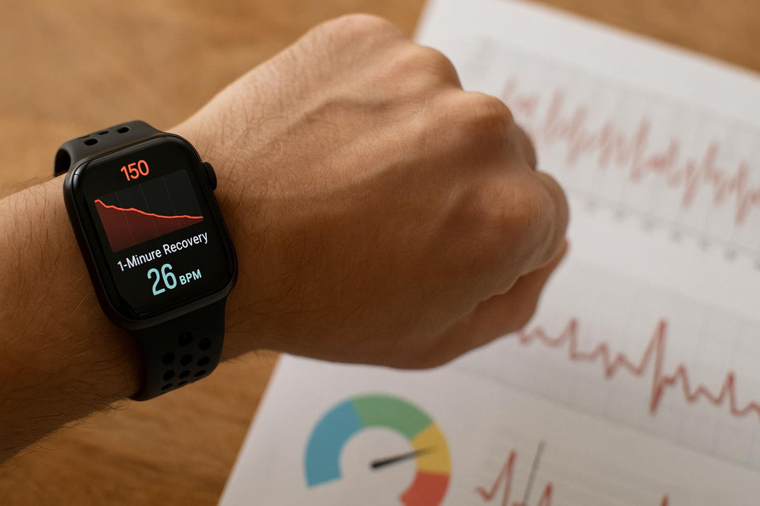 Detailaufnahme einer Smartwatch, die Herzfrequenzdaten und Erholungszeit anzeigt.