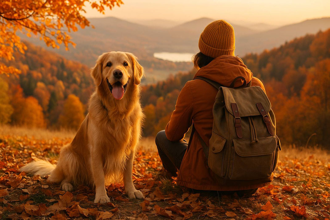 Mensch mit Rucksack sitzt neben einem Golden Retriever auf einer herbstlichen Wiese mit Blick auf die Berge.