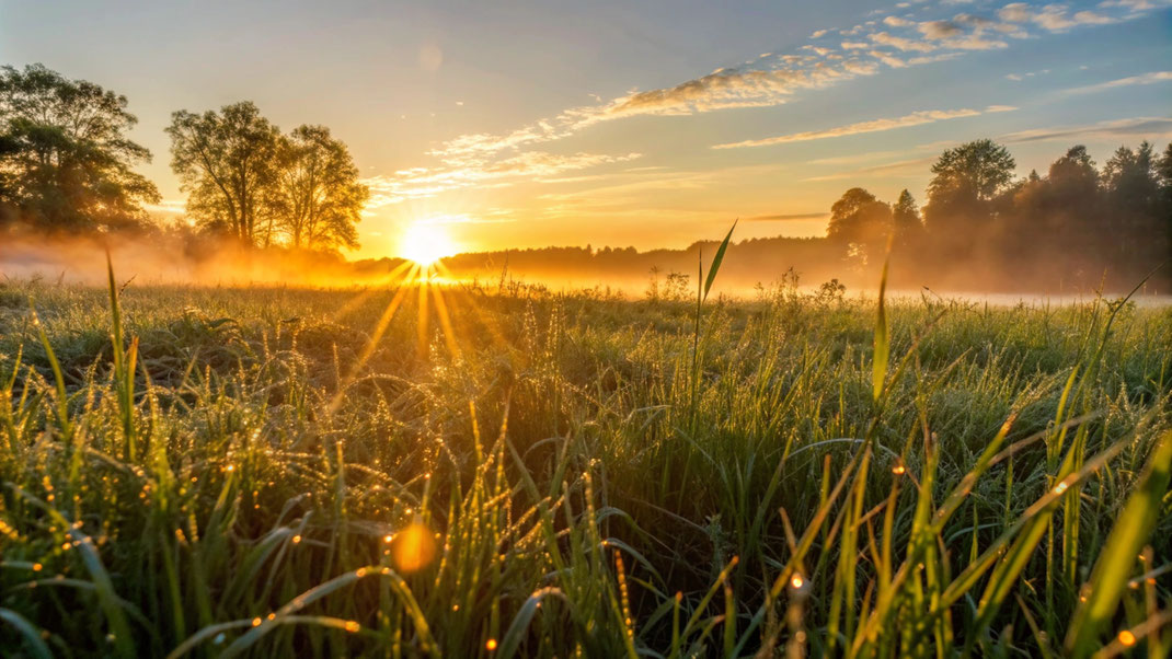 Sonnenaufgang über einer mit Tautropfen bedeckten Wiese, im Hintergrund Nebel und Bäume in warmem Morgenlicht
