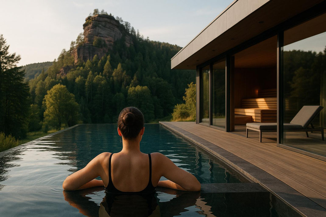 Entspannende Momentaufnahme einer Frau im Infinity-Pool mit Blick auf Berge und Bäume.