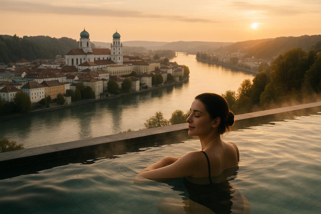Frau entspannt in Infinity-Pool mit Blick auf die Stadt bei Sonnenuntergang