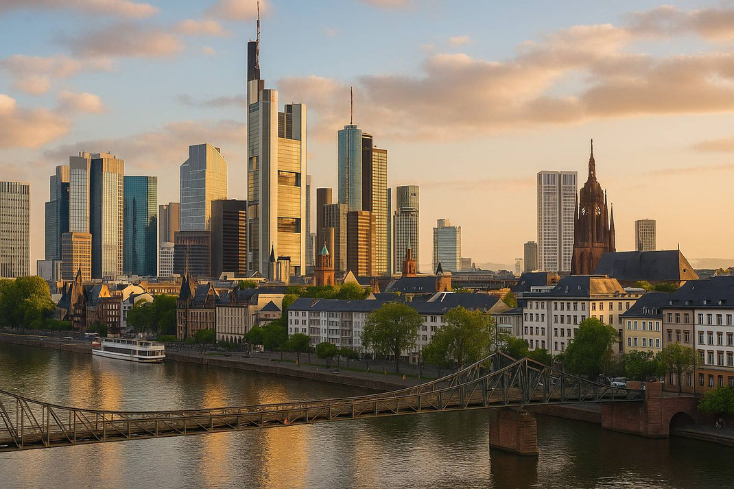 Skyline von Frankfurt am Main mit modernen Hochhäusern und dem Mainufer im warmen Abendlicht.