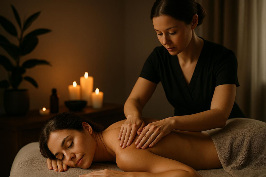 Entspannende Massage mit Kerzenlicht in einem Wellness-Salon.