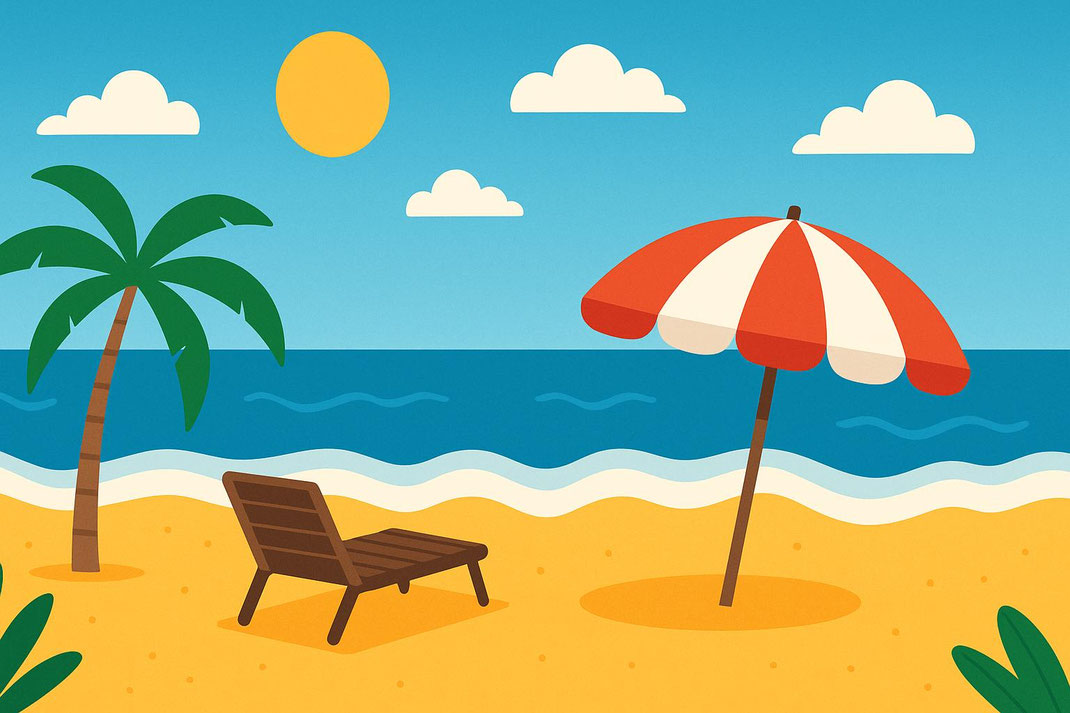 Buntes Strandmotiv mit Liegestuhl, Sonnenschirm und Palmen im Vordergrund.