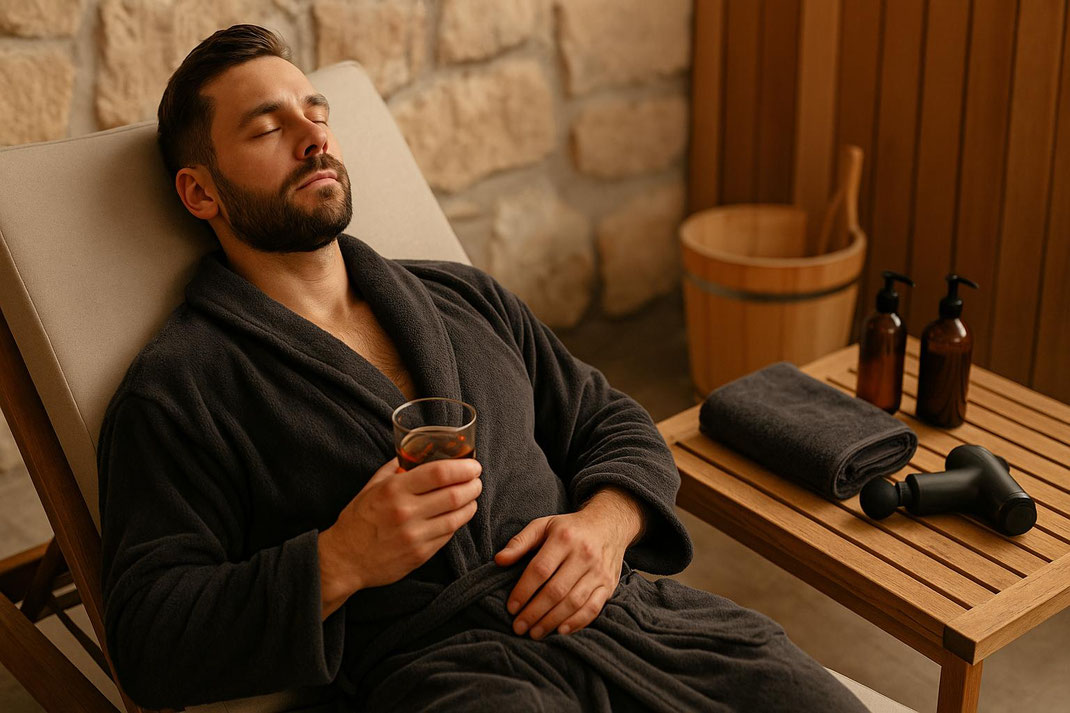 Mann im dunklen Bademantel entspannt mit einem Getränk auf einer Liege im Wellnessbereich.