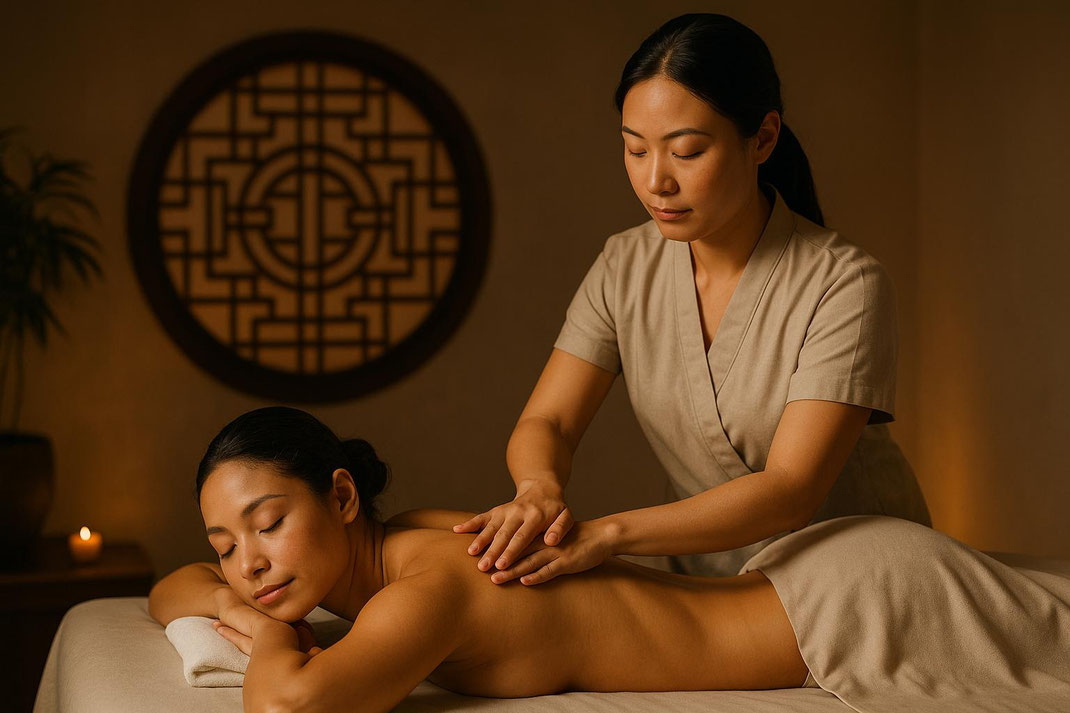 Rückenmassage in einem modernen Spa-Setting, ideal zur Linderung von Muskelverspannungen und Stress.