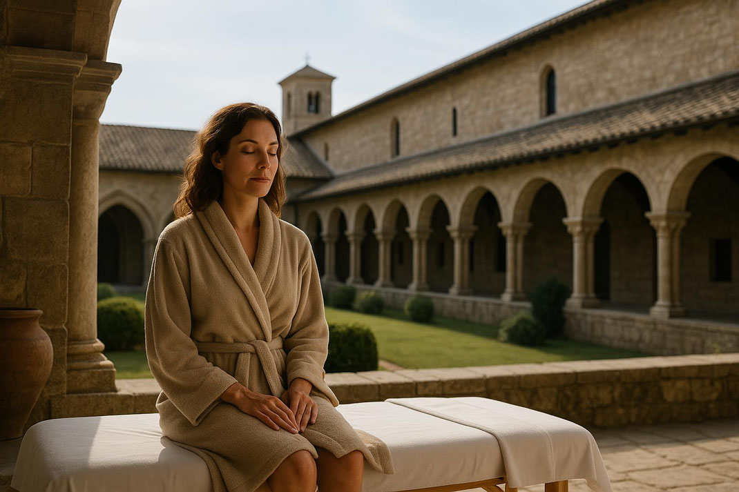 Eine Frau meditiert in einem Kloster mit einem schönen Innenhof im Hintergrund.
