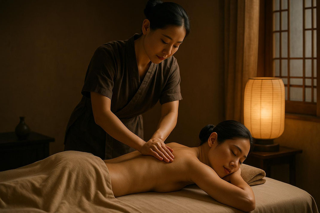 Entspannende Massage in einem Wellnessbereich, die die Stressbewältigung fördert und die Muskulatur entspannt.
