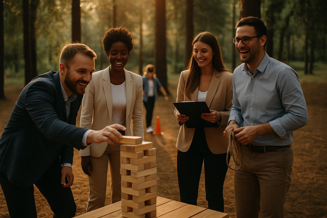 Team building activity in the woods, showcasing laughter and collaboration among participants.
