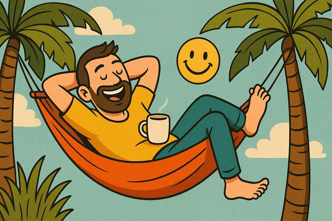 Eine cartoonartige Darstellung eines Mannes, der in einer Hängematte entspannt und einen Kaffee genießt, umgeben von Palmen und Sonne.