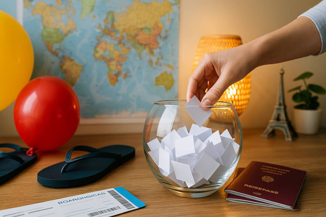 Hand zieht ein Los aus einer Glasschale mit Papierzetteln, daneben Reisepass, Weltkarte und Boardingpass – Symbol für Reisegewinnspiel.