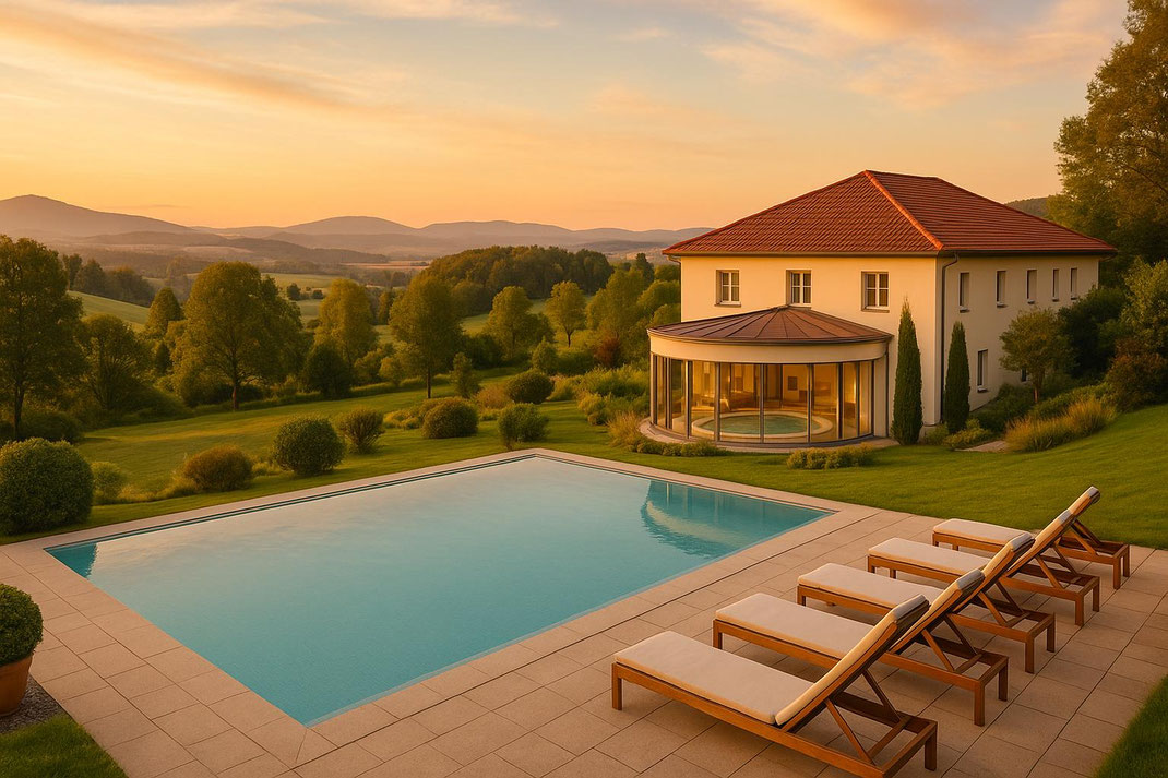 Ein luxuriöses Haus mit einem Pool im Garten, umgeben von sanften Hügeln und Bäumen.